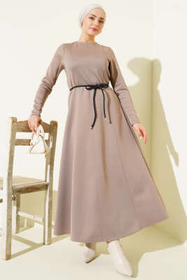 Pazarium - Scuba Pens Detaylı Kemerli Elbise Vizon