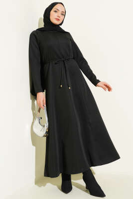 Scuba Pens Detaylı Kemerli Elbise Siyah - Thumbnail