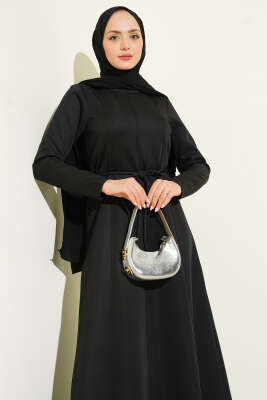 Scuba Pens Detaylı Kemerli Elbise Siyah - Thumbnail