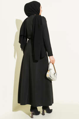 Scuba Pens Detaylı Kemerli Elbise Siyah - Thumbnail