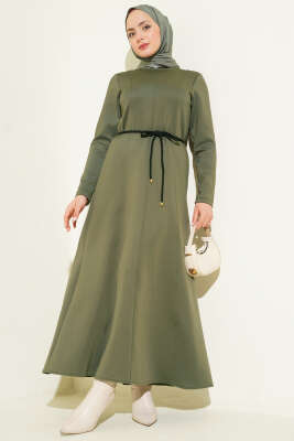 Pazarium - Scuba Pens Detaylı Kemerli Elbise Haki