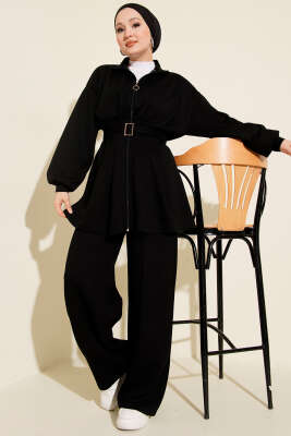 Pazarium - Kemerli Fermuarlı Loyşa Takım Siyah