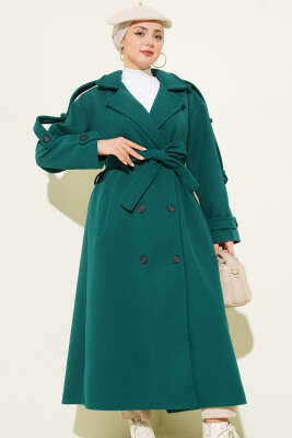 Kuşaklı Düğme Detaylı Kaşe Kaban Zümrüt - Thumbnail
