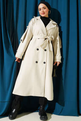 Kuşaklı Düğme Detaylı Kaşe Kaban Krem - Thumbnail