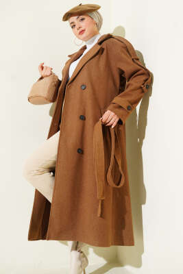 Kuşaklı Düğme Detaylı Kaşe Kaban Kestane - Thumbnail