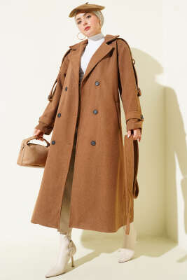 Kuşaklı Düğme Detaylı Kaşe Kaban Kestane - Thumbnail