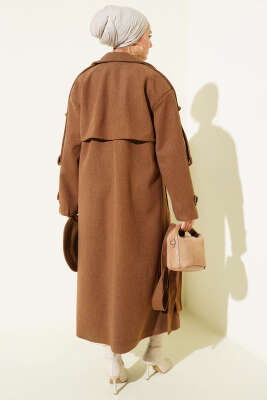 Kuşaklı Düğme Detaylı Kaşe Kaban Kestane - Thumbnail