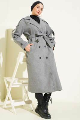 Kuşaklı Düğme Detaylı Kaşe Kaban Füme - Thumbnail