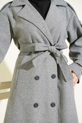 Kuşaklı Düğme Detaylı Kaşe Kaban Füme - Thumbnail