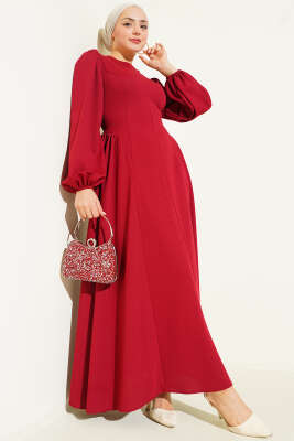 Pazarium - Bel Büzgülü Bağlamalı Elbise Bordo