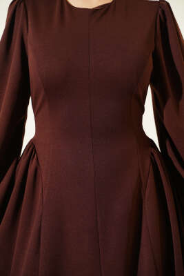 Bel Büzgülü Bağlamalı Elbise Kahve - Thumbnail