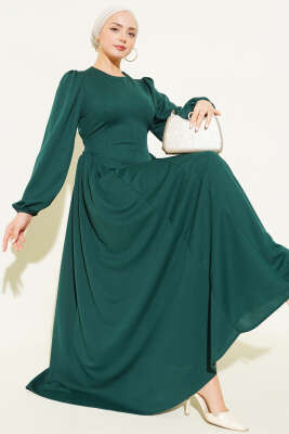 Bel Büzgülü Bağlamalı Elbise Zümrüt Yeşili - Thumbnail