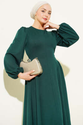 Bel Büzgülü Bağlamalı Elbise Zümrüt Yeşili - Thumbnail