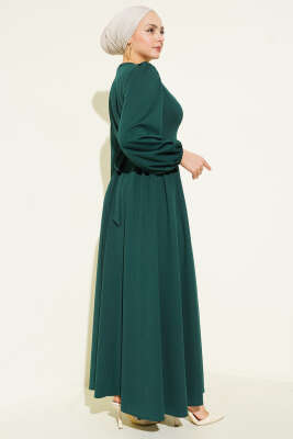 Bel Büzgülü Bağlamalı Elbise Zümrüt Yeşili - Thumbnail