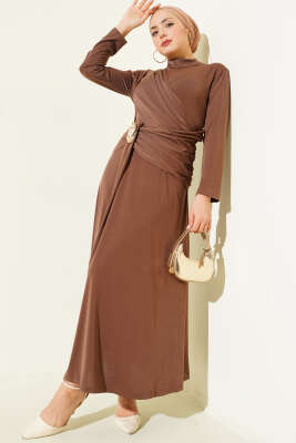 Pazarium - Bel Toka Detaylı Abiye Elbise Kahve