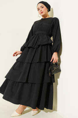 Kat Kat Kuşaklı Terikoton Elbise Siyah - Thumbnail