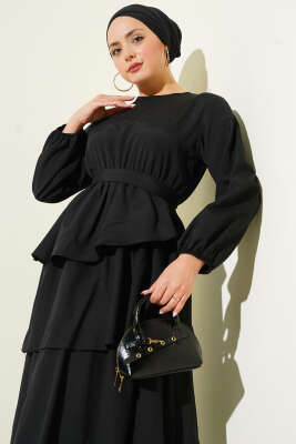 Kat Kat Kuşaklı Terikoton Elbise Siyah - Thumbnail