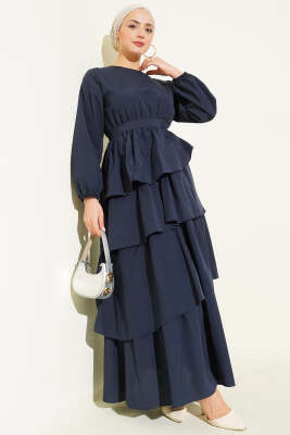 Kat Kat Kuşaklı Terikoton Elbise Lacivert - Thumbnail