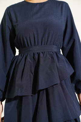 Kat Kat Kuşaklı Terikoton Elbise Lacivert - Thumbnail