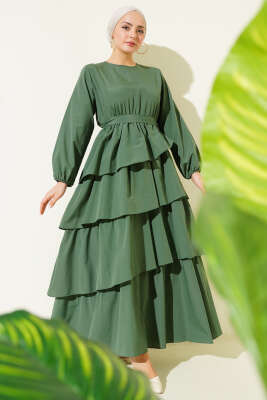 Kat Kat Kuşaklı Terikoton Elbise Haki - Thumbnail