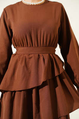 Kat Kat Kuşaklı Terikoton Elbise Kahve - Thumbnail