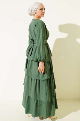 Kat Kat Kuşaklı Terikoton Elbise Haki - Thumbnail