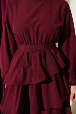 Kat Kat Kuşaklı Terikoton Elbise Bordo - Thumbnail