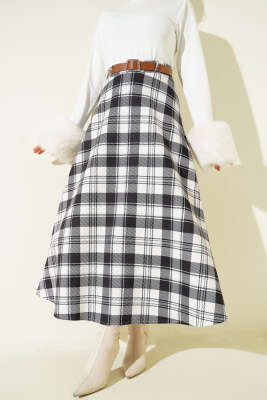 Kemerli Ekoseli Scuba Etek Siyah - Thumbnail