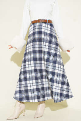 Kemerli Ekoseli Scuba Etek Lacivert - Thumbnail