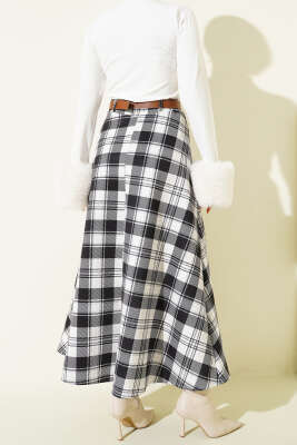 Kemerli Ekoseli Scuba Etek Siyah - Thumbnail