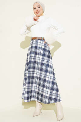 Kemerli Ekoseli Scuba Etek Lacivert - Thumbnail