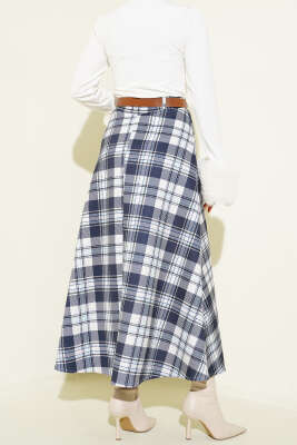 Kemerli Ekoseli Scuba Etek Lacivert - Thumbnail