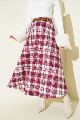 Pazarium - Kemerli Ekoseli Scuba Etek Bordo