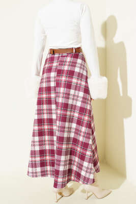 Kemerli Ekoseli Scuba Etek Bordo - Thumbnail