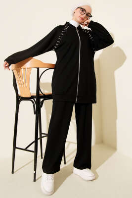 Pazarium - Omuz Taşlı Fermuarlı Loyşa İkili Takım Siyah