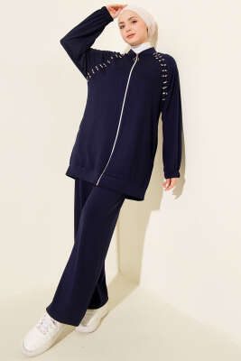 Pazarium - Omuz Taşlı Fermuarlı Loyşa İkili Takım Lacivert