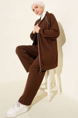 Omuz Taşlı Fermuarlı Loyşa İkili Takım Kahve - Thumbnail