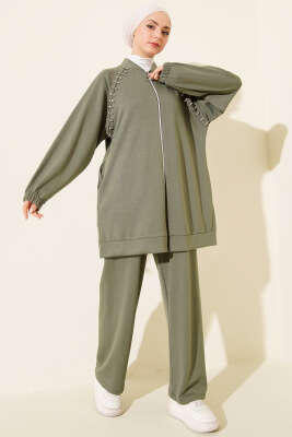Pazarium - Omuz Taşlı Fermuarlı Loyşa İkili Takım Haki