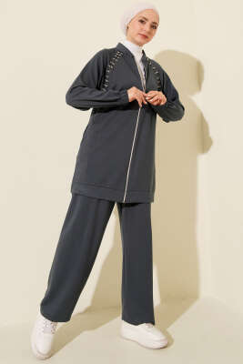 Pazarium - Omuz Taşlı Fermuarlı Loyşa İkili Takım Füme