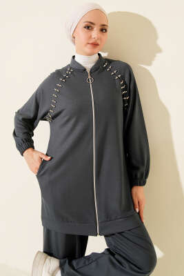 Omuz Taşlı Fermuarlı Loyşa İkili Takım Füme - Thumbnail