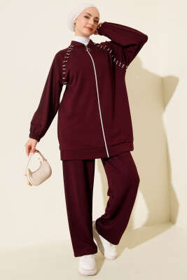 Omuz Taşlı Fermuarlı Loyşa İkili Takım Bordo - Thumbnail