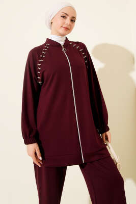 Omuz Taşlı Fermuarlı Loyşa İkili Takım Bordo - Thumbnail