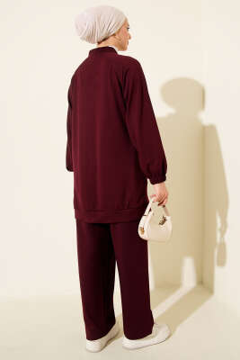 Omuz Taşlı Fermuarlı Loyşa İkili Takım Bordo - Thumbnail