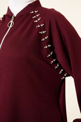 Omuz Taşlı Fermuarlı Loyşa İkili Takım Bordo - Thumbnail