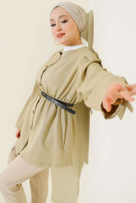 Pazarium - Bel Lastikli Kemerli Dabıl Ceket Çağla Yeşili