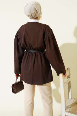 Bel Lastikli Kemerli Dabıl Ceket Kahve - Thumbnail