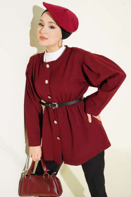 Pazarium - Bel Lastikli Kemerli Dabıl Ceket Bordo