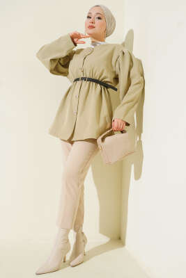 Bel Lastikli Kemerli Dabıl Ceket Çağla Yeşili - Thumbnail