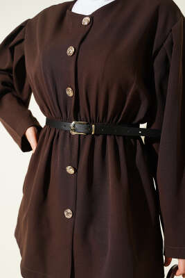 Bel Lastikli Kemerli Dabıl Ceket Kahve - Thumbnail