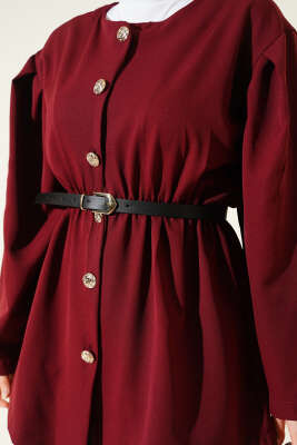 Bel Lastikli Kemerli Dabıl Ceket Bordo - Thumbnail